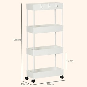 HOMCOM Cărucior Bucătărie Multifuncțional cu 4 Polițe și 3 Cârlige, Oțel și Plastic, 40x19x90 cm, Alb | Aosom Romania
