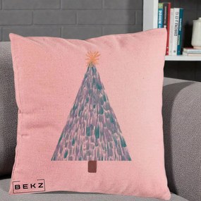 Perna Decorativa Brad de Craciun Acrilic Albastru, 40x40 cm, Roz, Husa Detasabila, Perna Inclusa, BEKZ®