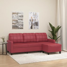 3201017 vidaXL Canapea cu 3 locuri și taburet, roșu vin 180 cm piele ecologică
