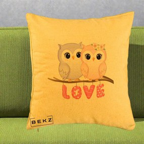 Perna Decorativa Love Bufnite Indragostite pe Crenguta Roz si Mov, 40x40 cm, Galben, Husa Detasabila, Perna Inclusa, BEKZ®