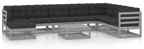 Set mobilier de gradina cu perne, 9 piese, lemn masiv de pin Gri, 1, Da