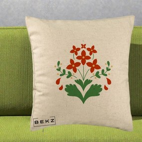 Perna Decorativa Buchet Floral Folk Rosu-Verde, 40x40 cm, Bej, Husa Detasabila, Perna Inclusa, BEKZ®