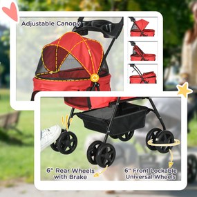 PawHut Cărucior buggy pliabil câine pisică coș depozitare suporturi pahare țesătură Oxford 300D impermeabilă 4 roți roșu | Aosom Romania
