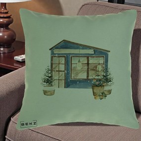 Perna Decorativa Casa de Iarna Watercolor, 40x40 cm, Verde, Husa Detasabila, Perna Inclusa, BEKZ®