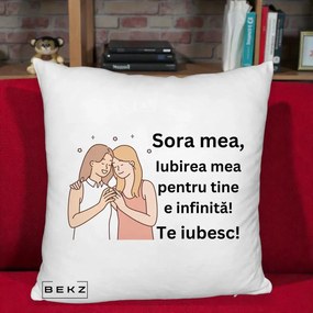 Cadou pentru Sora - Perna Personalizata Sora Mea Te Iubesc Imbratisare cu Sclipiri, 40x40 cm, Alb Pufos, Husa Detasabila, Perna Inclusa, BEKZ®