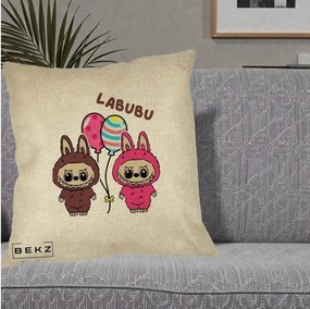 Perna Personalizata Labubu Cuplu cu Baloane, 40x40 cm, Crem, Husa Detasabila, Perna Inclusa, BEKZ®