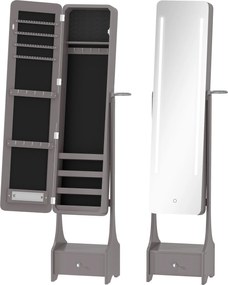 HOMCOM Oglindă-dulap pentru bijuterii cu lumini LED Dulap bijuterii cu oglindă full-length reglabilă pe unghi Sertar Oprire automată a luminilor Gri | Aosom Romania