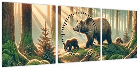 Tablou - Urși în pădure (cu ceas) (90x30 cm)