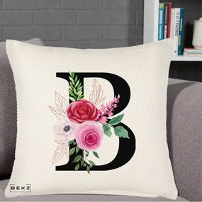 Cadou Personalizat - Perna Personalizata Monograma Florala Litera B, 40x40 cm, Crem Reliefat, Husa Detasabila, Perna Inclusa, BEKZ®