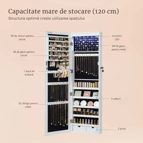 Dulap pentru bijuterii montat pe perete cu oglindă JEWELIA, cu iluminare LED, 10x37x120 cm, alb SongmicsHome