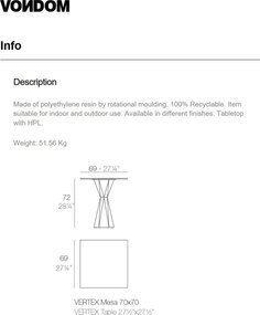 Masa de exterior / interior design modern premium VERTEX 70x70cm