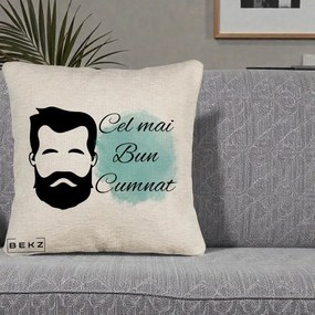 Cadou pentru Cumnat - Perna Personalizata Cel mai Bun Cumnat cu Portret Barbat si Pete Teal, 40x40 cm, Bej Canapea, Husa Detasabila, Perna Inclusa, BEKZ®