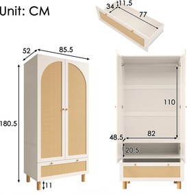 Dulap pentru haine cu 2 uși, front din ratan, sertar mare, rafturi reglabile pe înălțime și bară pentru haine, 180x85x52 cm, Alb