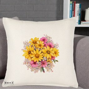 Perna Decorativa Floarea-Soarelui cu Cosmos Roz si Gypsophila, 40x40 cm, Crem Reliefat, Husa Detasabila, Perna Inclusa, BEKZ®