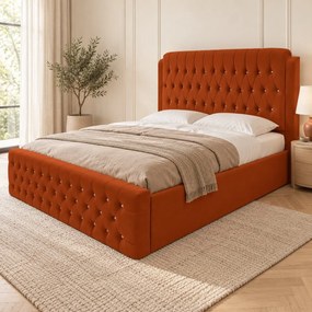 Pat tapițat Chesterfield din catifea Aveline Deluxe 140×200 cm, cărămiziu, cu ladă de depozitare