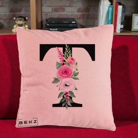 Cadou Personalizat - Perna Personalizata Monograma Florala Litera T, 40x40 cm, Roz, Husa Detasabila, Perna Inclusa, BEKZ®
