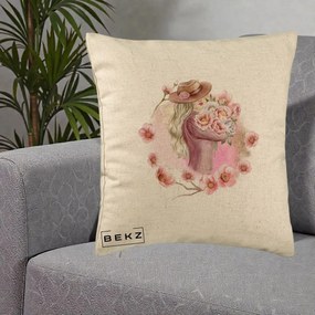 Perna Decorativa Femeie cu Flori Roz Acuarela, 40x40 cm, Bej, Husa Detasabila, Perna Inclusa, BEKZ®