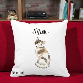 Perna Personalizata Pisica Meow Acuarela, 40x40 cm, Alba Mata, Husa Detasabila, Perna Inclusa, BEKZ®