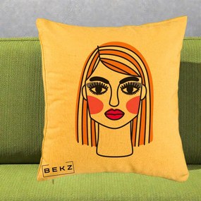 Perna Decorativa Portret Pop Art Fata, 40x40 cm, Galben, Husa Detasabila, Perna Inclusa, BEKZ®