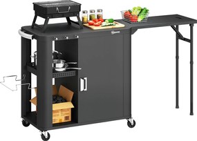 Outsunny Servantă de grădină cărucior de grătar pe roți cu masă laterală pliabilă dulap rafturi 166 x 54 x 88 cm negru | Aosom Romania