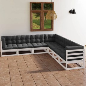 Set mobilier de gradina cu perne, 7 piese, lemn masiv de pin Alb, 1