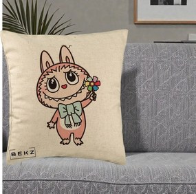 Perna Personalizata Labubu Roz cu Morisca, 40x40 cm, Bej, Husa Detasabila, Perna Inclusa, BEKZ®