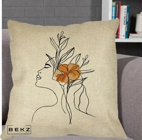 Perna Decorativa Portret Feminin Floare Portocalie Lateral, 40x40 cm, Crem, Husa Detasabila, Perna Inclusa, BEKZ®