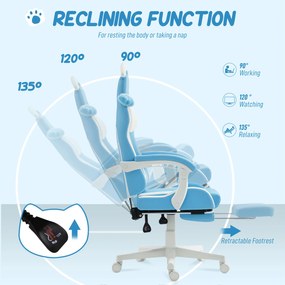 HOMCOM Scaun de gaming reclinabil cu suport pentru picioare și perne, 65x62x124 cm, alb și albastru | Aosom Romania