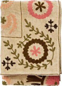 Pătură din catifea brodată manual cu motive suzani, 130×180 cm, „Suzani Beige"