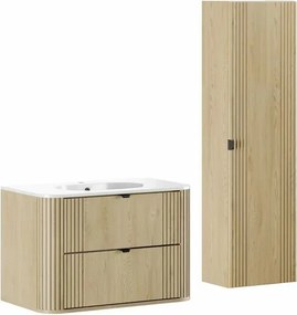 Set dulap baza suspendat 80 cm cu lavoar si dulap coloana Comad Ovalia stejar Cremona