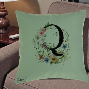 Cadou Personalizat - Perna Personalizata Monogram Litera Q cu Flori Acuarela, 40x40 cm, Verde, Husa Detasabila, Perna Inclusa, BEKZ®