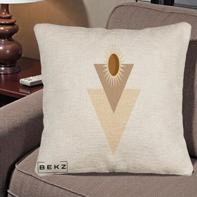 Perna Decorativa Boho Sun cu Triunghiuri Bej si Oval Solar, 40x40 cm, Bej Canapea, Husa Detasabila, Perna Inclusa, BEKZ®