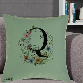 Cadou Personalizat - Perna Personalizata Monogram Litera Q cu Flori Acuarela, 40x40 cm, Verde, Husa Detasabila, Perna Inclusa, BEKZ®