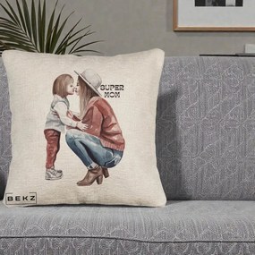 Cadou pentru Mama - Perna Personalizata Super Mom Acuarela, 40x40 cm, Bej Canapea, Husa Detasabila, Perna Inclusa, BEKZ®