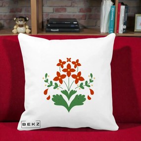 Perna Decorativa Buchet Floral Folk Rosu-Verde, 40x40 cm, Alba Mata, Husa Detasabila, Perna Inclusa, BEKZ®