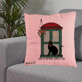 Perna Personalizata Life is Better with a Cat Geam, 40x40 cm, Roz, Husa Detasabila, Perna Inclusa, BEKZ®