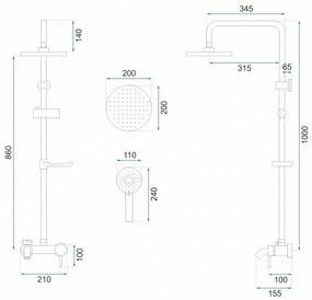 Baterie pentru dus Luis negru mat - H 105 cm