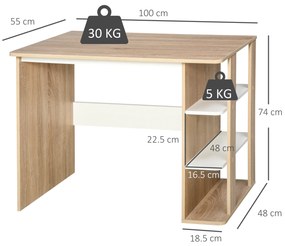 HOMCOM Birou 2 în 1 cu raft 3 nivele, spațiu generos de lucru, lemn de mesteacăn, 100x55x74 cm, pentru birou/dormitor | Aosom Romania
