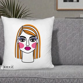 Perna Decorativa Portret Pop Art Fata, 40x40 cm, Alb Pufos, Husa Detasabila, Perna Inclusa, BEKZ®