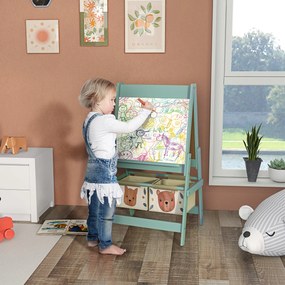 Tablă pentru copii 3 în 1 AIYAPLAY cu 2 containere, șevalet de artă din lemn pentru copii 3-8 ani, 54x46,5x93cm, de culoare verde | Aosom Romania