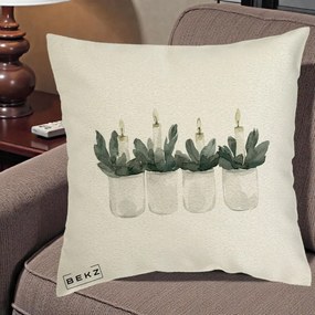 Perna Decorativa Lumanari in Borcane cu Eucalipt, 40x40 cm, Ecru, Husa Detasabila, Perna Inclusa, BEKZ®