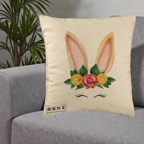Perna Decorativa Iepuras Flori Urechi Pastelui, 40x40 cm, Bej, Husa Detasabila, Perna Inclusa, BEKZ®