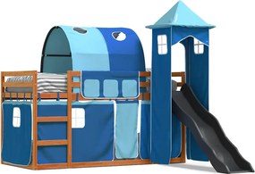 vidaXL Pat supraetajat cu tobogan și perdele, albastru, 90x200 cm