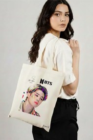 Sacosa de Panza pentru Cumparaturi, Geanta Tote, model BTS Jimin cu semnatura 3, 38x34.5 cm, Alba, BEKZ®