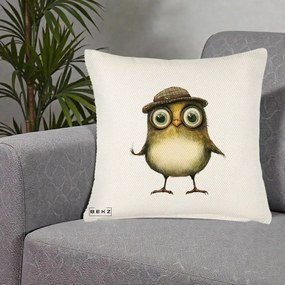 Perna Decorativa Pui Intelectual cu Palarie Tweed, 40x40 cm, Crem Reliefat, Husa Detasabila, Perna Inclusa, BEKZ®