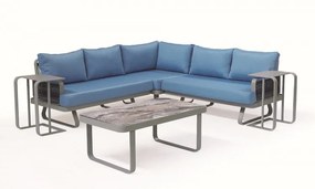Set mobilier modular pentru gradina / terasa, Serano Gri / Albastru, coltar 5 locuri + 3 mese de cafea