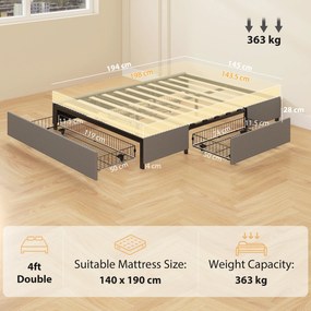 HOMCOM Pat dublu 140x190 cm cu somier, 3 sertare și cadru metalic Capacitate 363 kg Gri | Aosom Romania