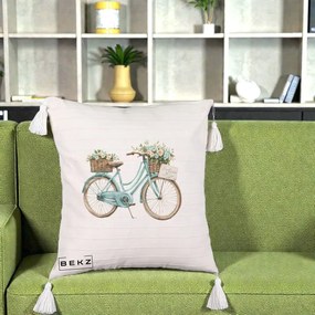 Perna Decorativa Bicicleta Teal cu Cosuri Duble de Flori Vintage, 40x40 cm, Bej cu Franjuri, Husa Detasabila, Perna Inclusa, BEKZ®
