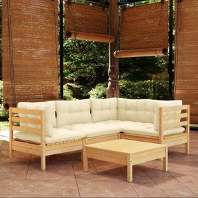 Set mobilier gradina cu perne crem, 5 piese, lemn de pin