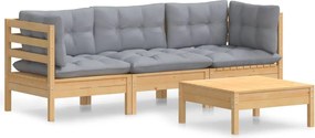 vidaXL Set mobilier grădină cu perne gri, 4 piese, lemn de pin